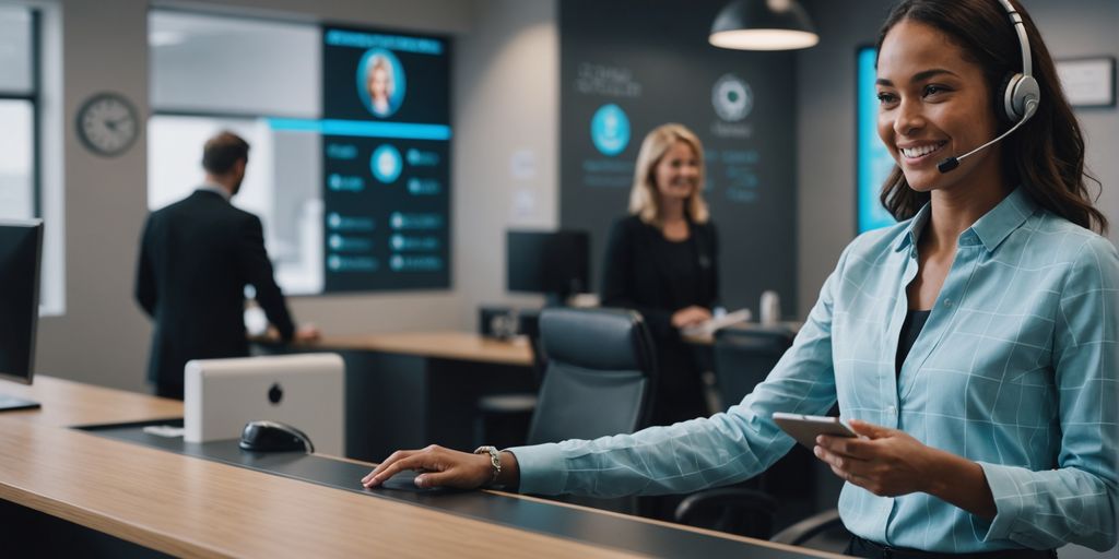 AI receptionist managing multiple calls in a busy office.