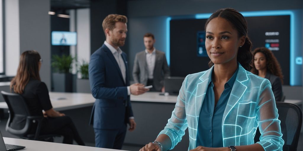 AI receptionist helping employees in a modern office.