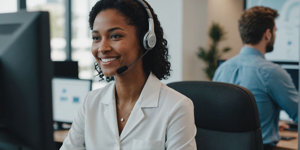 AI receptionist with headset smiling at computer