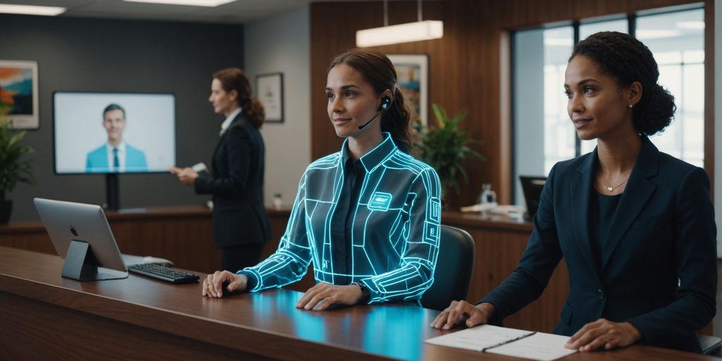 AI receptionist assisting at office front desk