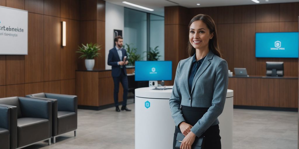 AI receptionist hologram in modern office lobby