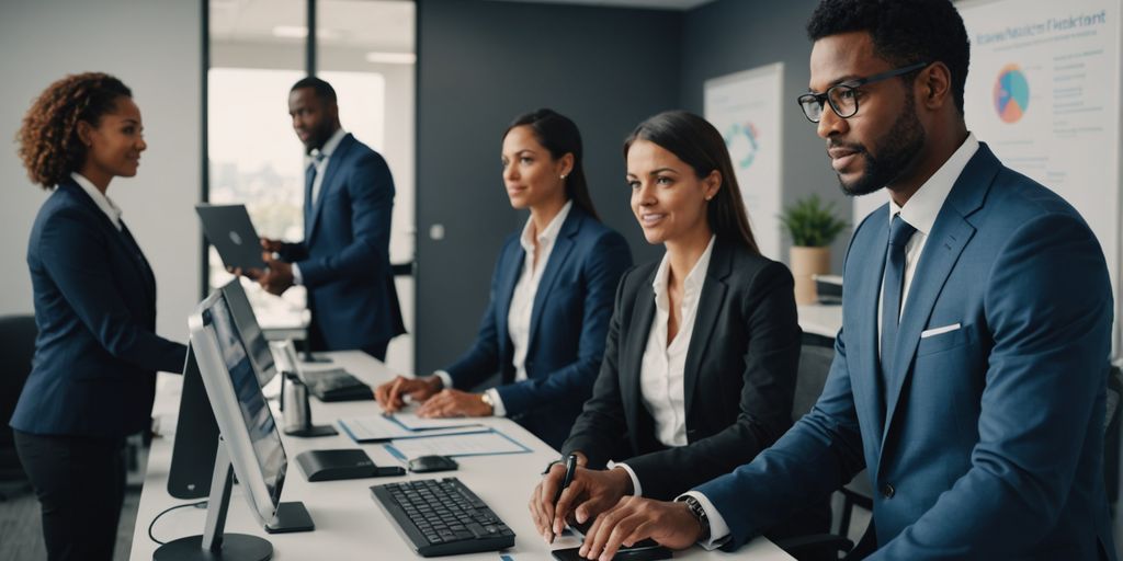 AI receptionist assisting business people in an office.