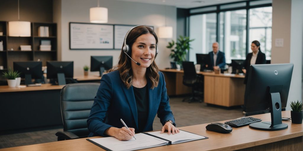 AI receptionist assisting clients in a modern office.