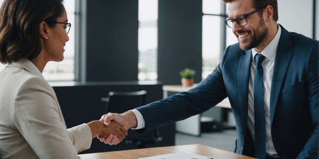 Businessperson shaking hands with a client in an office.