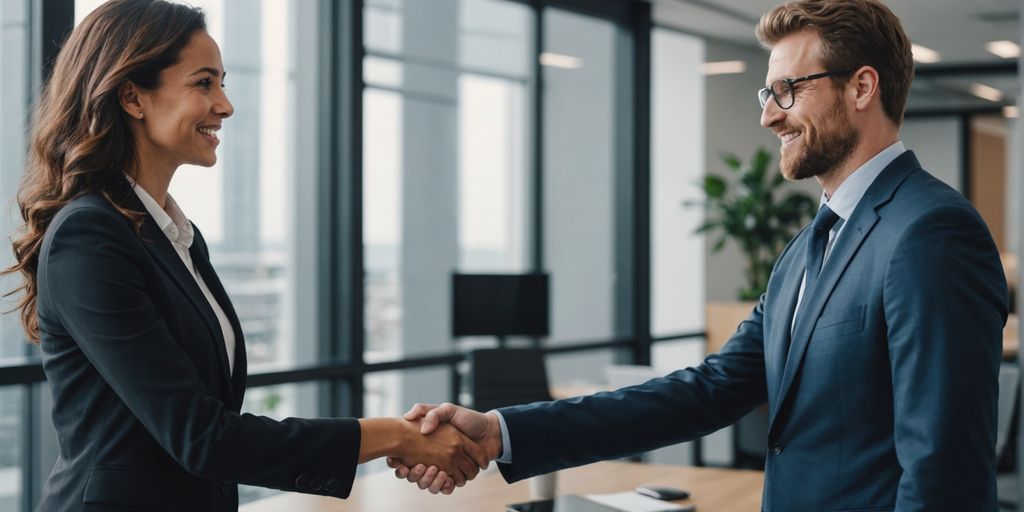 Business professional shaking hands with client in office.