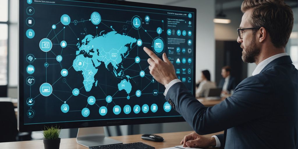 Businessperson using AI interface in modern office