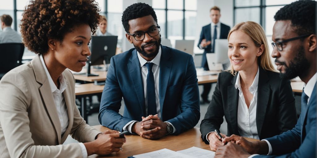 Business professionals using AI translation devices