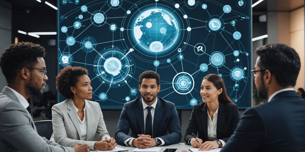 Diverse business team discussing with AI translation overlay.