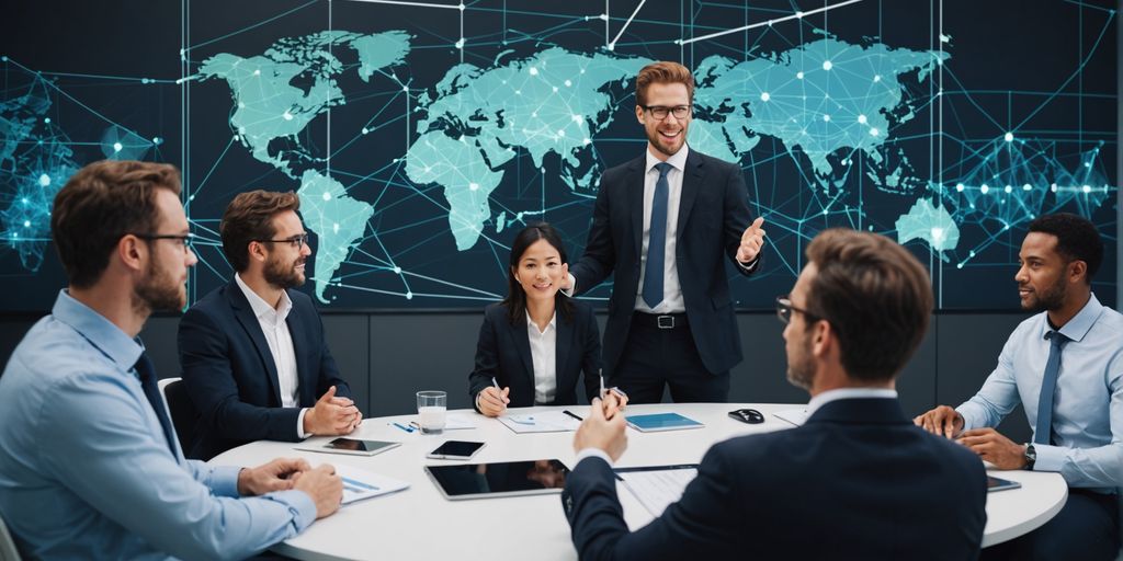 Business professionals discussing with AI translation overlay.