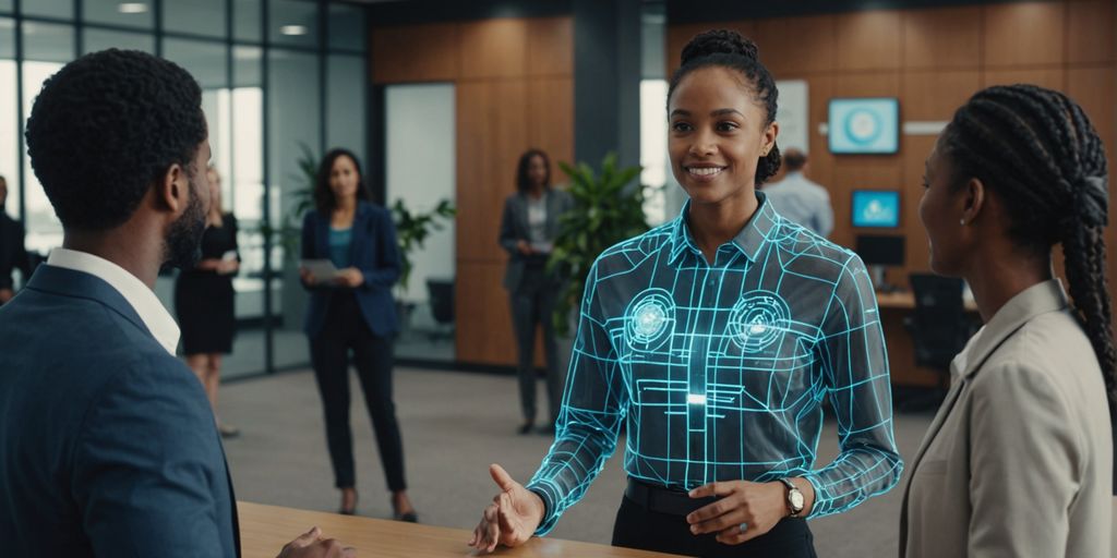 AI receptionist hologram with diverse people in office.