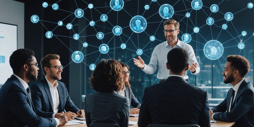 Business professionals with AI holographic translations.