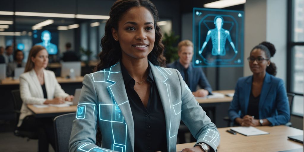 AI receptionist helping diverse office workers.