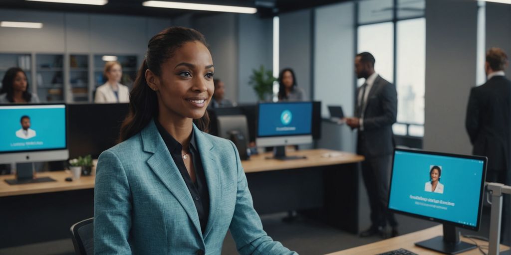 AI receptionist hologram with office workers