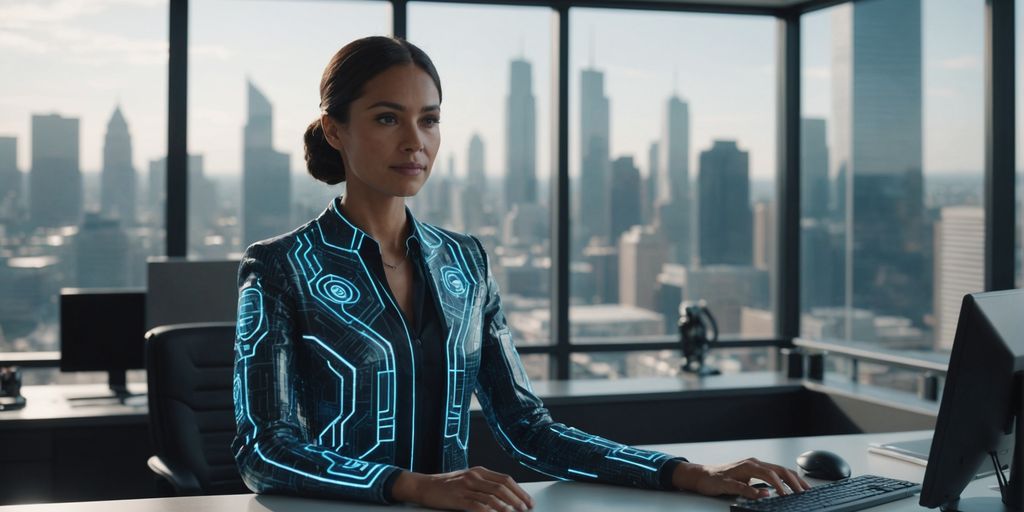 AI receptionist assisting professional in modern office