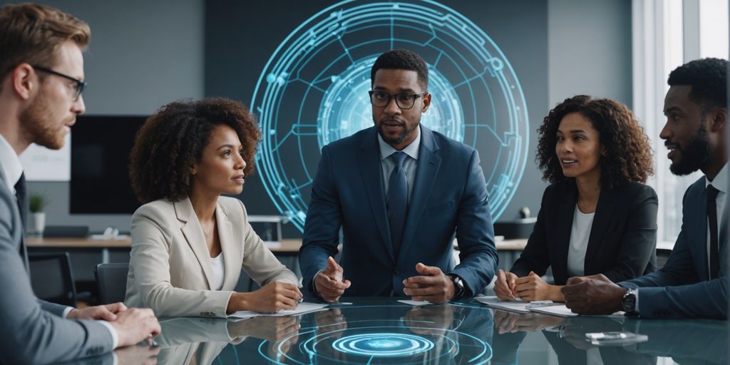 Diverse business team with AI hologram in meeting.