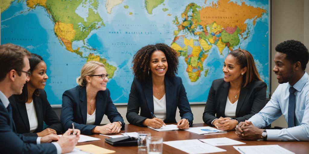 Diverse business team in discussion around a table