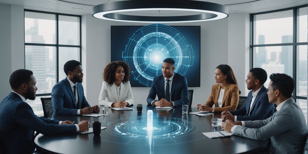 Diverse professionals discussing with AI hologram at center.