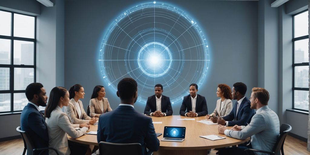 Diverse business team with AI hologram in center.