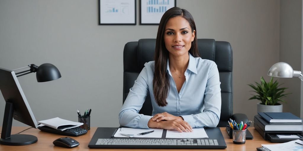 Receptionist at modern desk with business tools