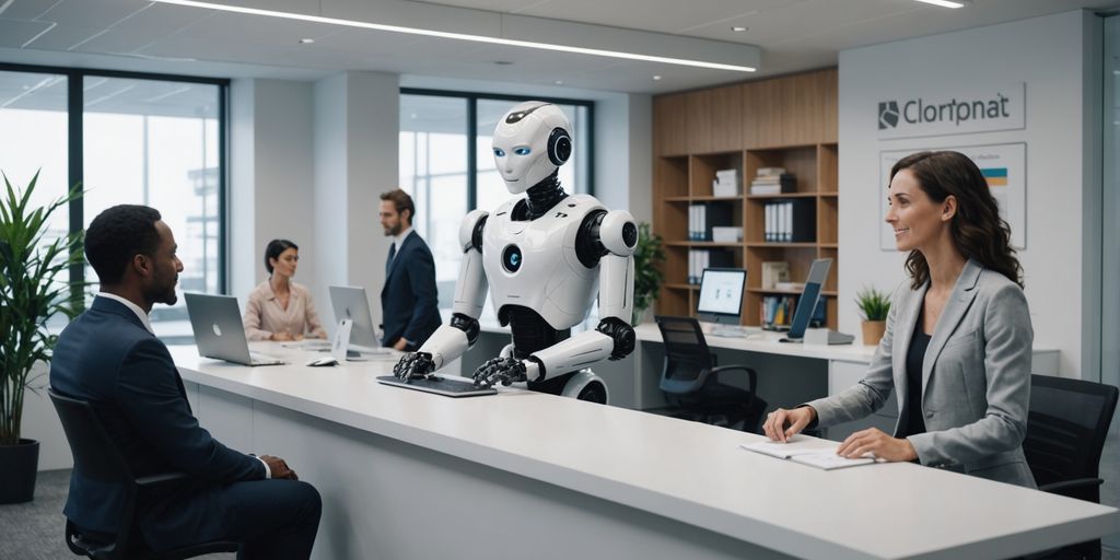 Humanoid robot receptionist in a modern office.