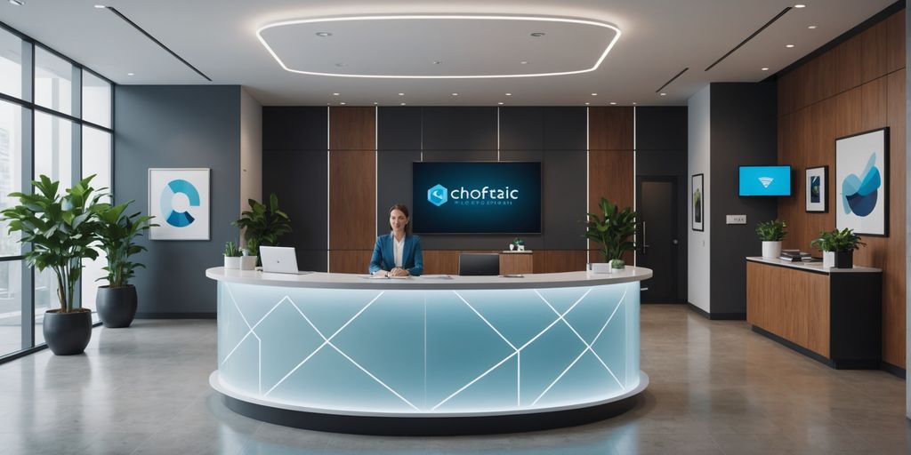 AI hologram receptionist in modern office lobby.