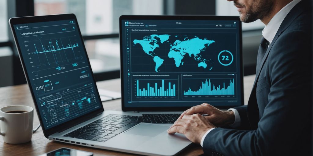 Businessperson analyzing data with AI graphics overlay.