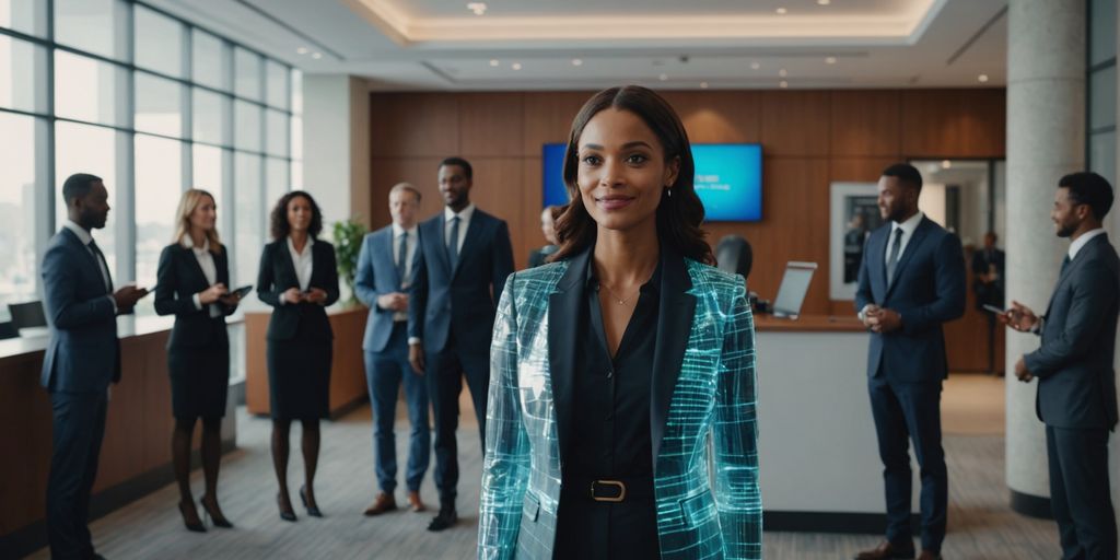 AI receptionist greeting business people