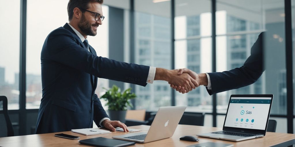 Businessperson shaking hands with client in office