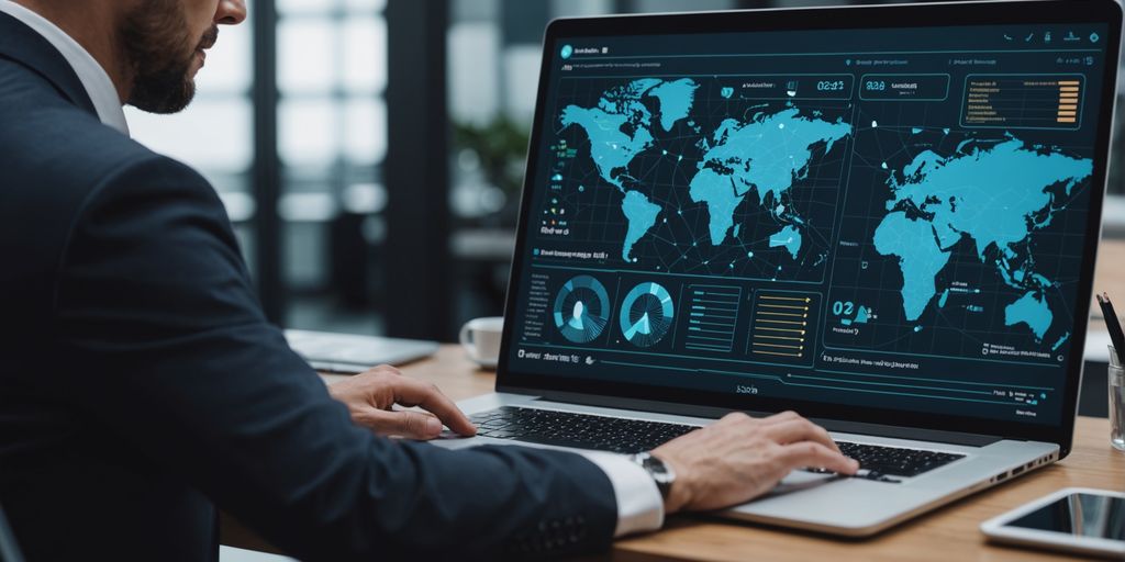 Professional analyzing data with AI graphics overlay.