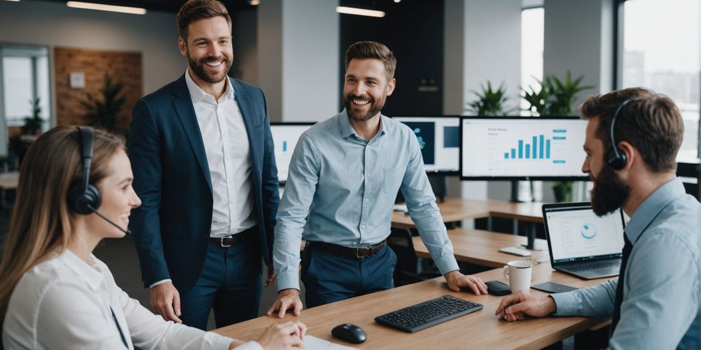 Customer support team assisting clients with SaaS AI technology.