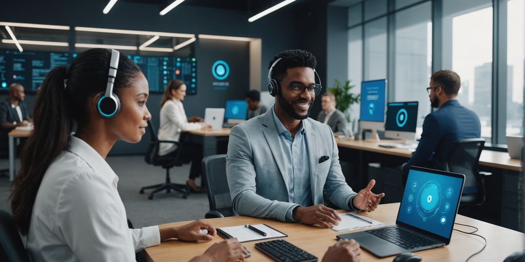 Professionals using AI voice assistants in a modern office.