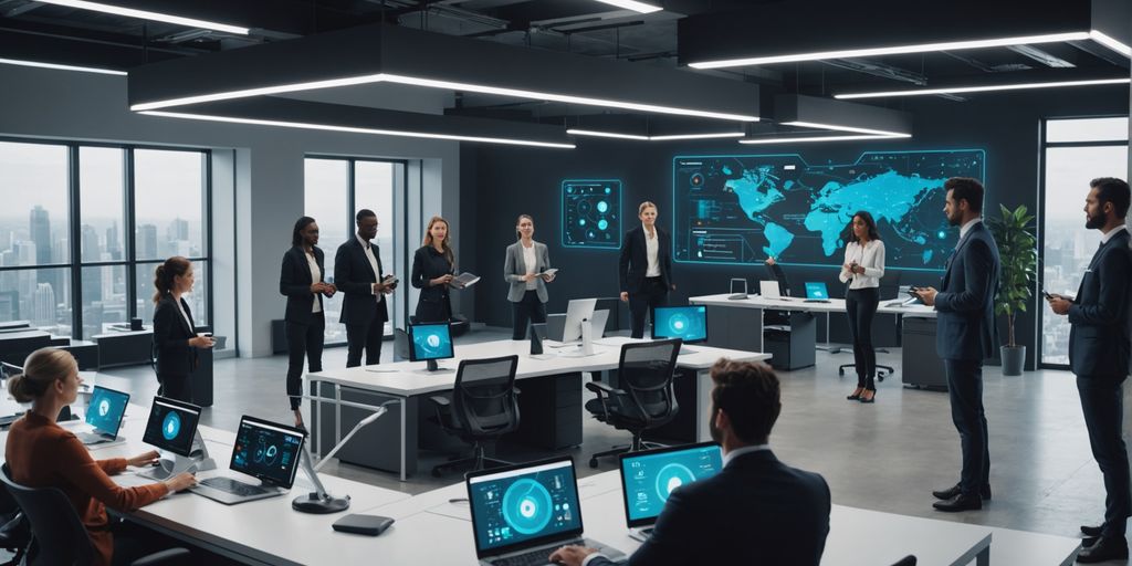 Team working with AI voice assistants in a modern office.