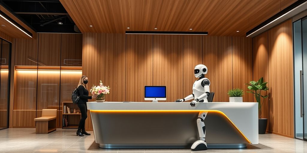 Humanoid robot assisting visitors at a modern reception desk.