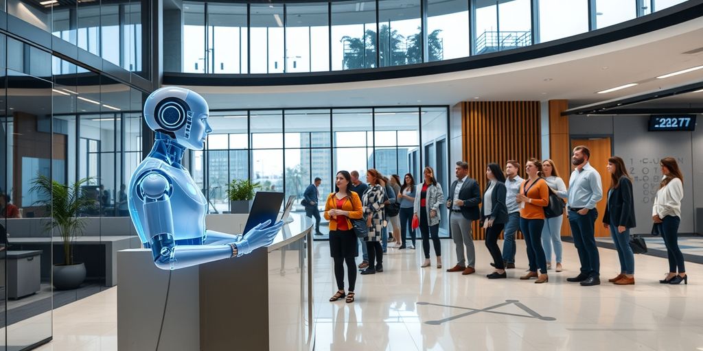 AI receptionist hologram greeting people in office lobby