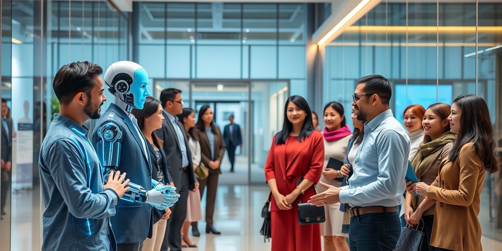 AI receptionist greeting people in modern office lobby