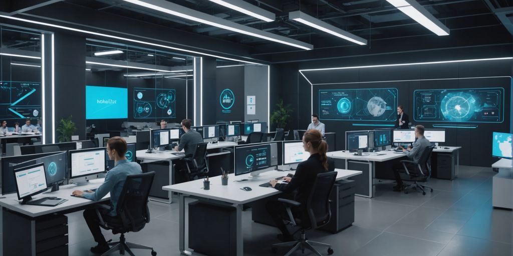 AI holograms assisting employees in a futuristic office