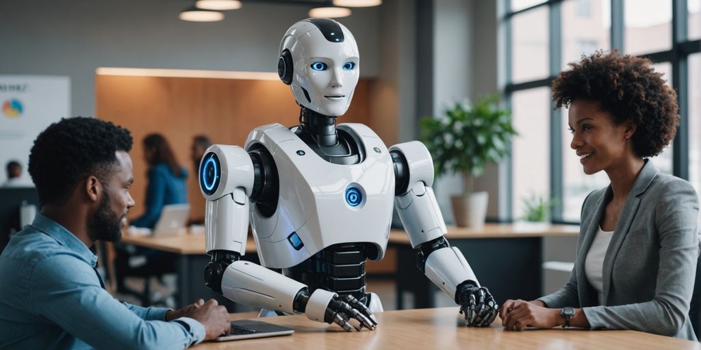 AI robot helping customers in a modern office