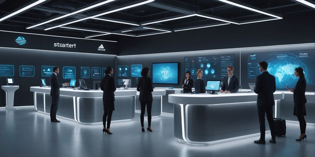 AI holograms assisting customers in a futuristic service center.