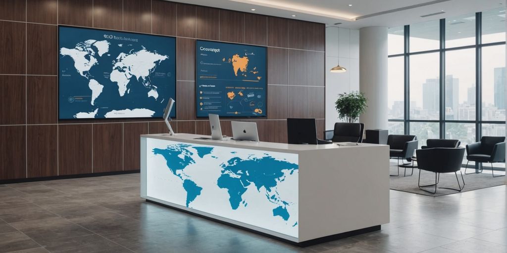 Modern office lobby with a computer displaying a chatbot interface.