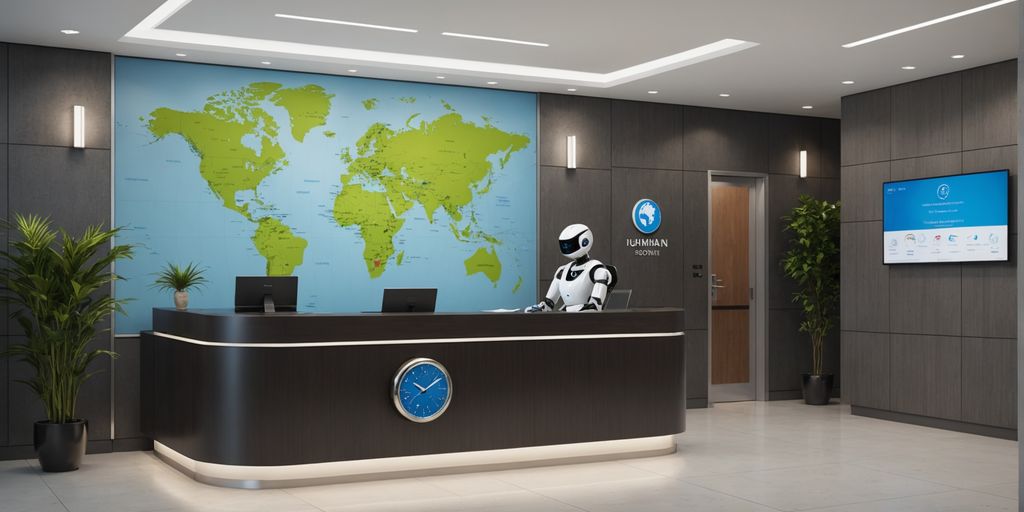 Robot receptionist in a modern office lobby