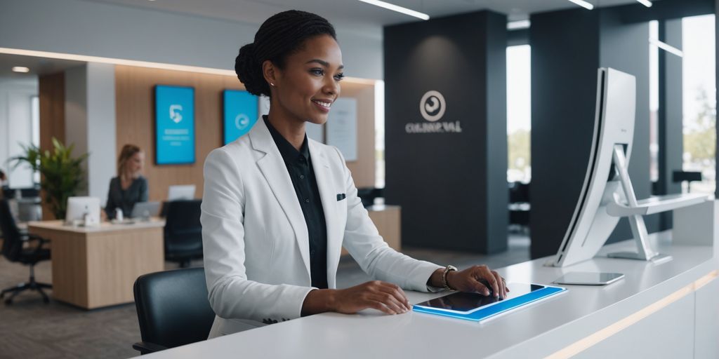 AI receptionist helping a customer at a modern desk.