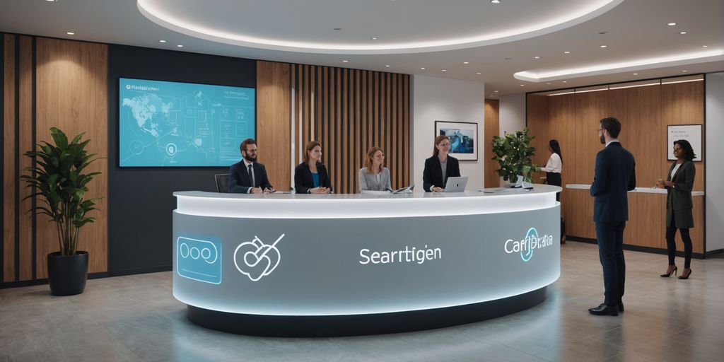 AI receptionist in modern office lobby