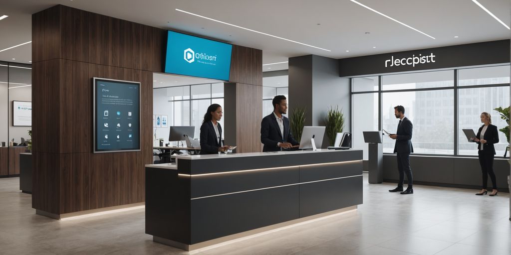 AI receptionist in modern office lobby with employees.