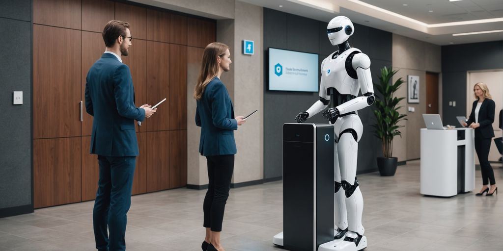 AI receptionist in modern office lobby with professionals.