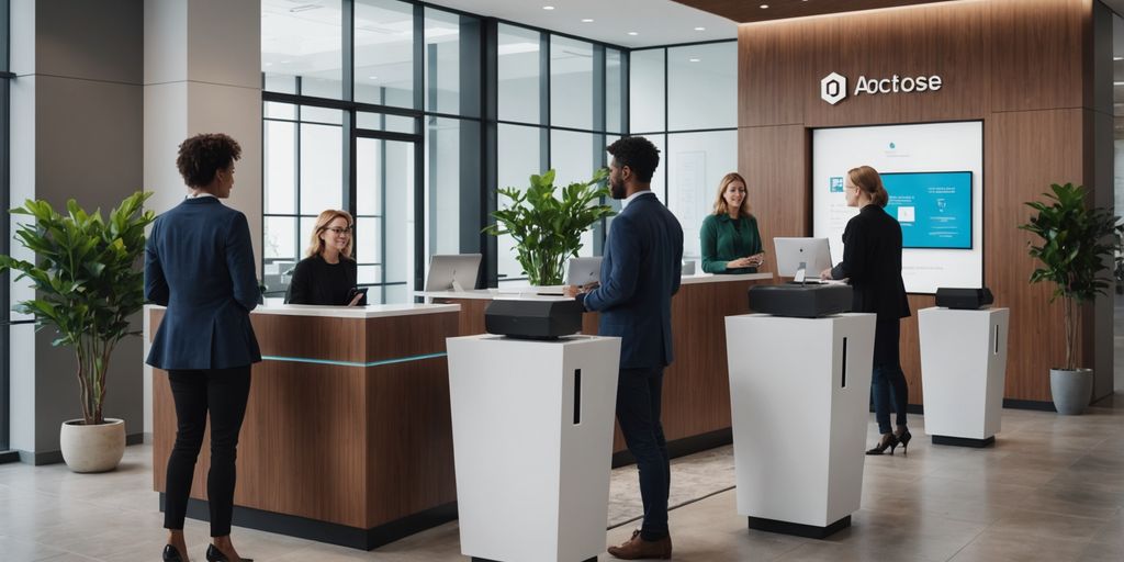 AI receptionist kiosk in modern office lobby