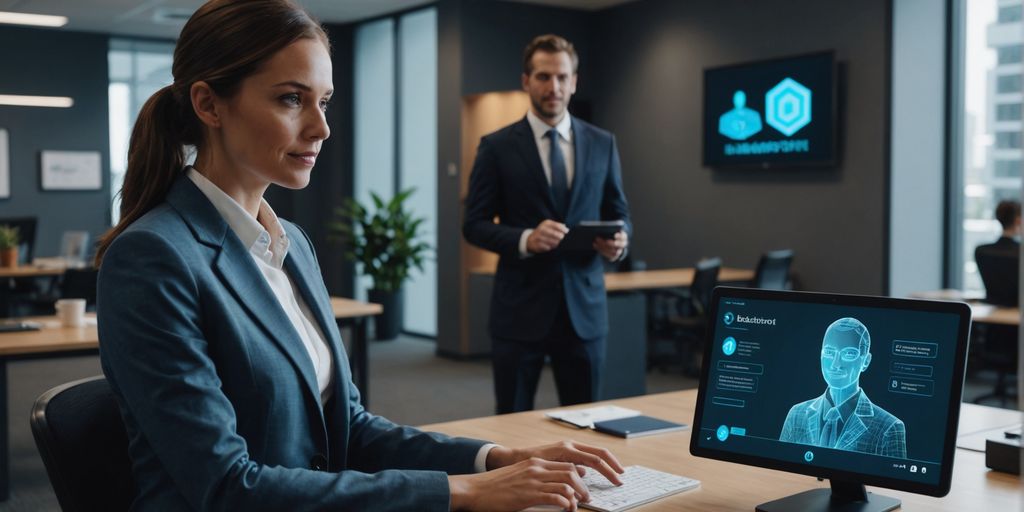 AI receptionist hologram in a professional office setting.