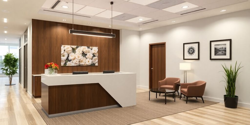 Modern office reception area with sleek furniture and seating.