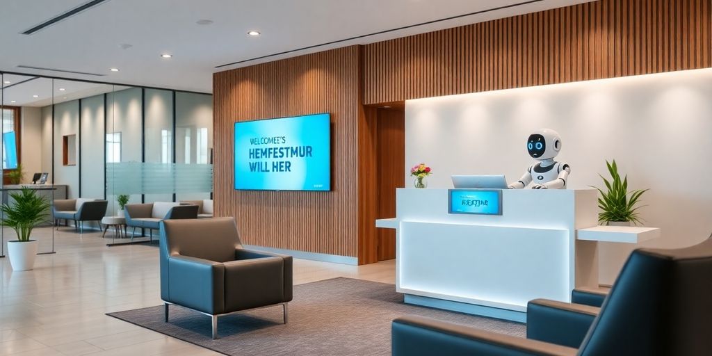 Modern reception area with AI assistant and welcoming design.