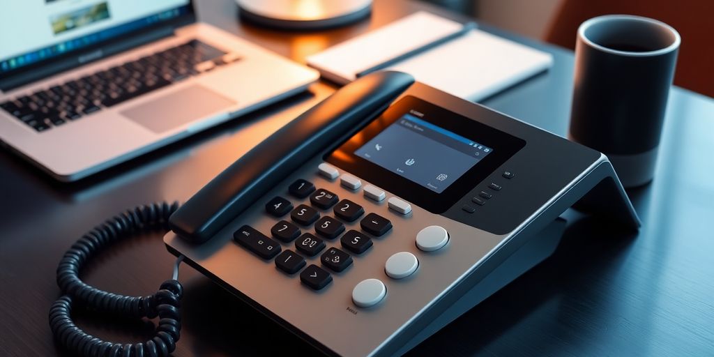 Modern desk with phone, laptop, and notepad.