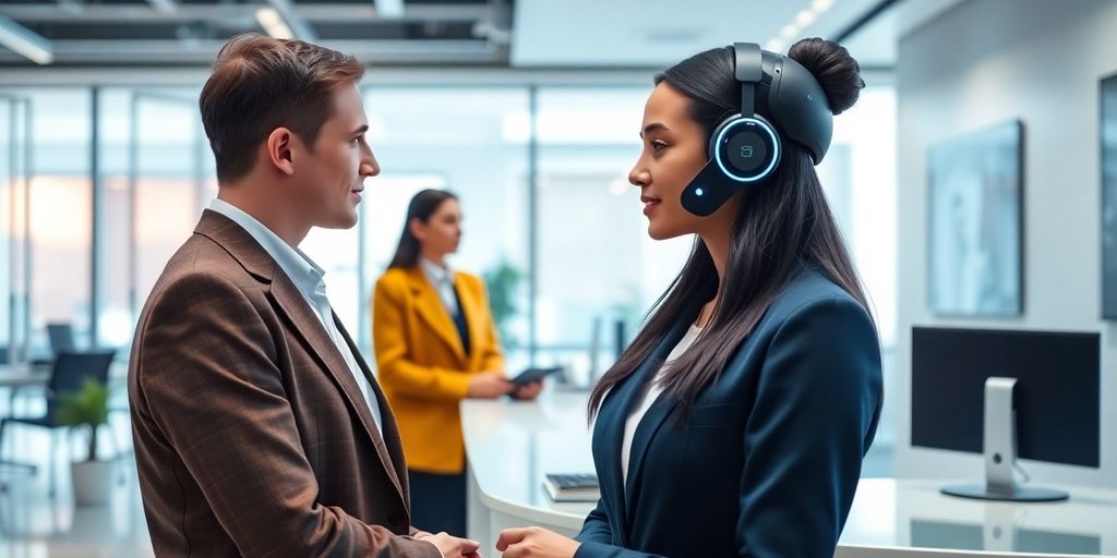 AI receptionist in a modern office setting.